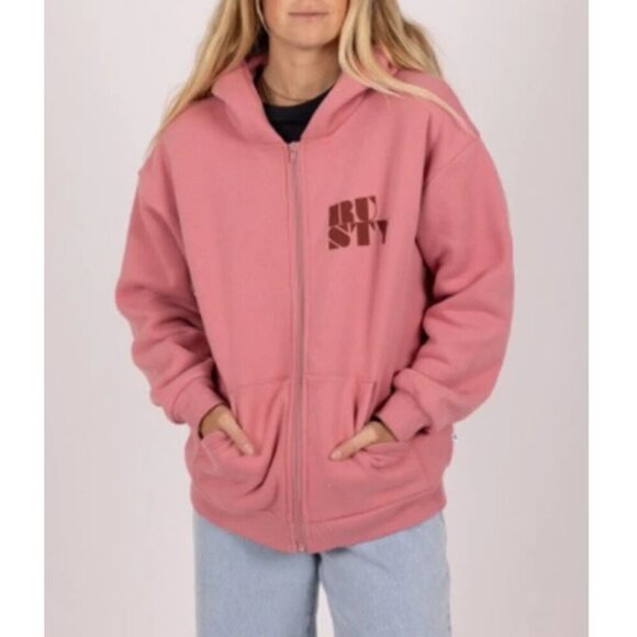 Rusty Sweatshirt Size S Pink Alana Oversized Zip-Up Hoodie Beachwear Surf - Picture 2 of 10